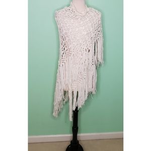 Vintage Ivory Crochet Knit Fringed Wrap Cape